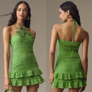 Farm Rio Anthropologie Halter Floral Ruffle Crochet Mini Dress - Green | Size L